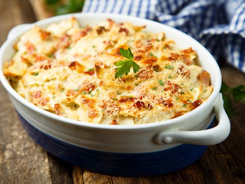 Pasta leek sausage bake in baking tin