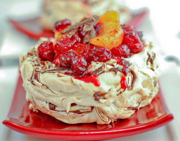 Cranberry Orange and Chocolate Pavlovas